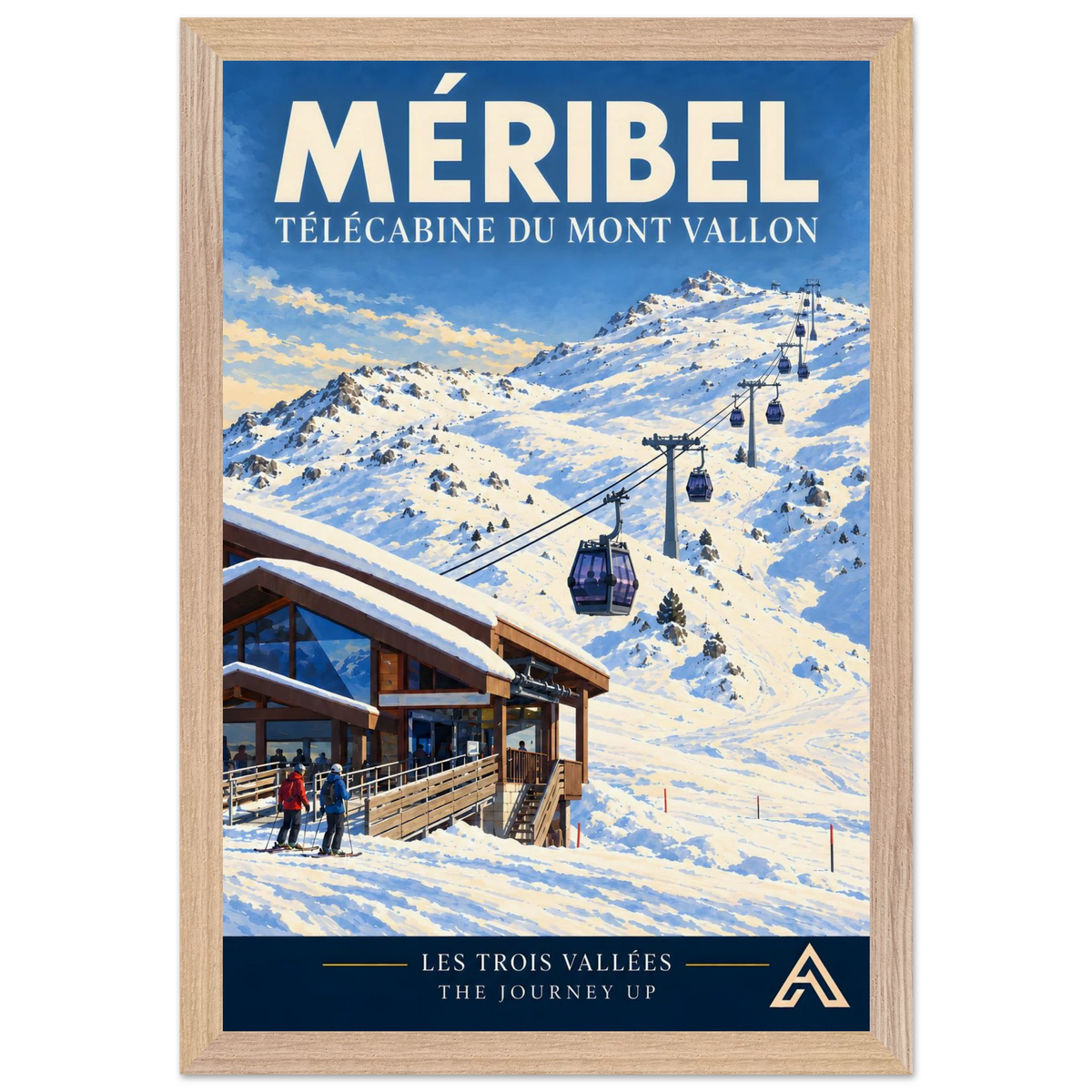 Méribel Télécabine du Mont Vallon art print in a Natural Oak frame, 30x45 cm, showing purple gondolas climbing snowy slopes from a timber-and-glass station with two skiers beside it.
