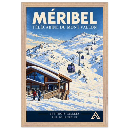 Méribel Télécabine du Mont Vallon art print in a Natural Oak frame, 30x45 cm, showing purple gondolas climbing snowy slopes from a timber-and-glass station with two skiers beside it.
