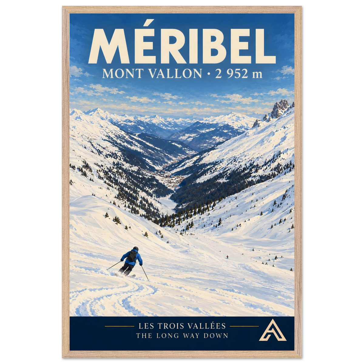 Méribel Mont Vallon art print in a Natural Oak frame, 60x90 cm, showing a blue-jacketed skier descending a snowy slope towards a long Alpine valley.