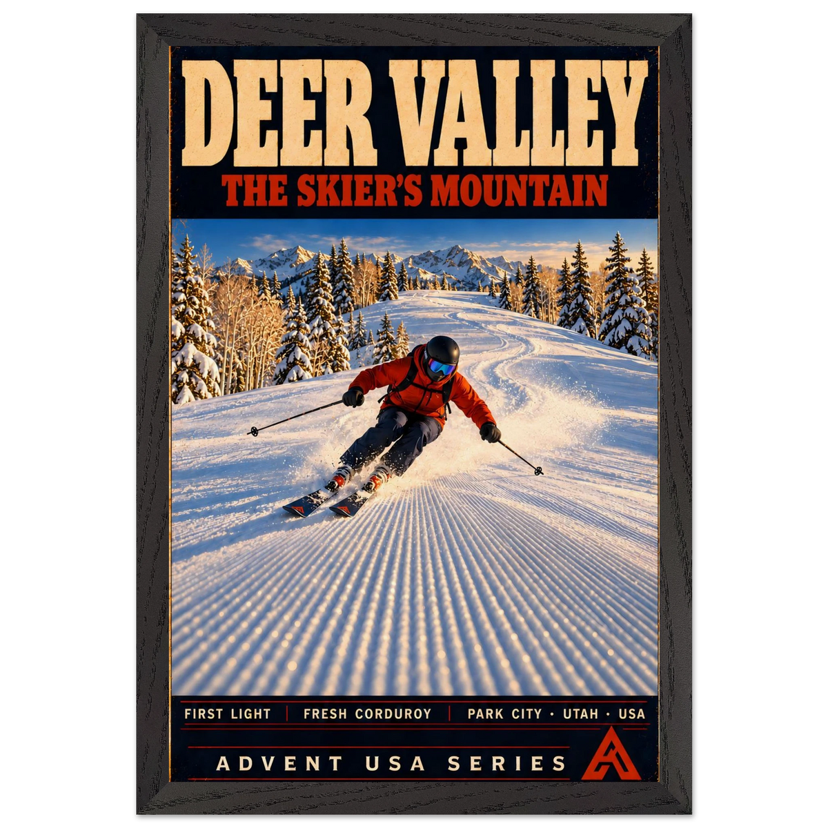 Deer Valley art print in a Black Ash frame, showing an orange-jacketed skier carving across groomed corduroy beside snow-covered evergreens.