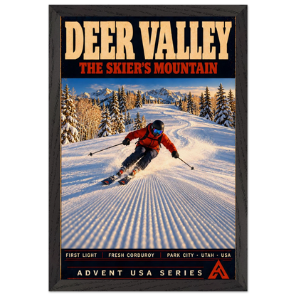 Deer Valley art print in a Black Ash frame, showing an orange-jacketed skier carving across groomed corduroy beside snow-covered evergreens.