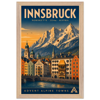 Innsbruck art print in a Natural Oak frame, showing colourful buildings beside the Inn River, with the Nordkette mountains and cable cars above.
