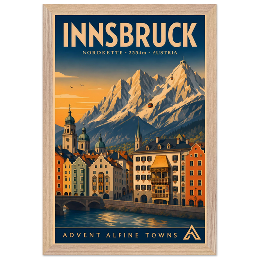Innsbruck art print in a Natural Oak frame, showing colourful buildings beside the Inn River, with the Nordkette mountains and cable cars above.