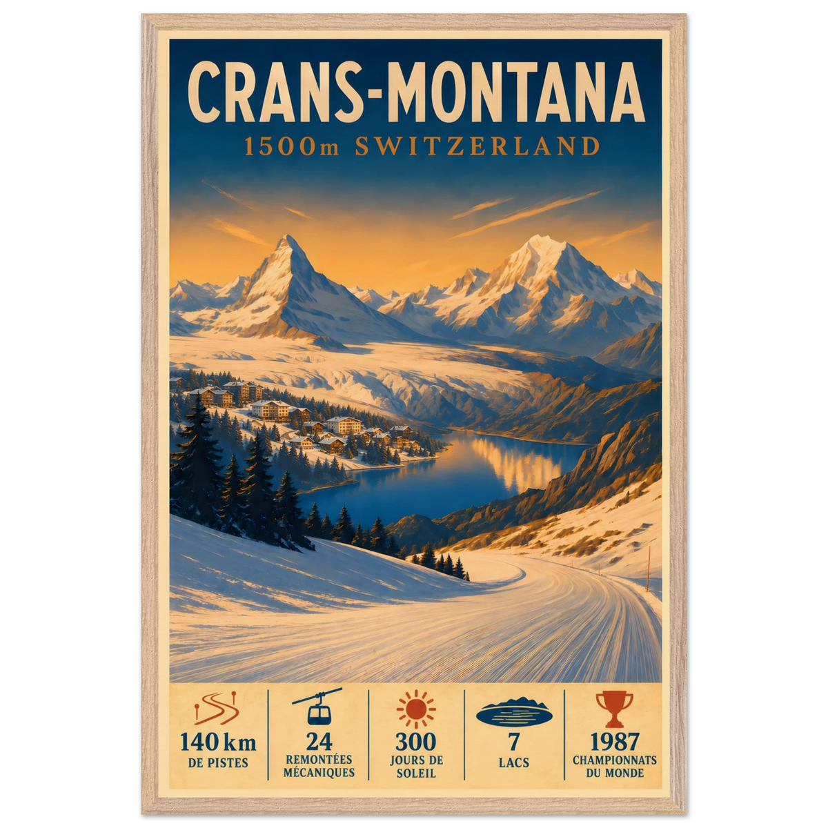 Crans-Montana art print in a Natural Oak frame, showing a snowy slope and village overlooking the Swiss Alps.