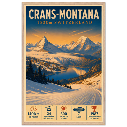 Crans-Montana art print in a Natural Oak frame, showing a snowy slope and village overlooking the Swiss Alps.
