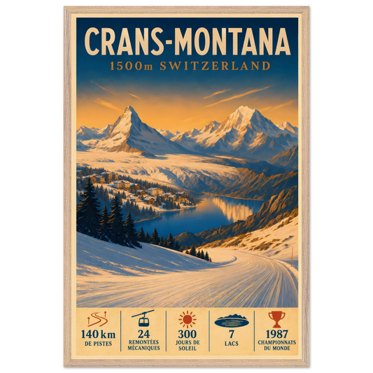 Crans-Montana art print in a Natural Oak frame, showing a snowy slope and village overlooking the Swiss Alps.