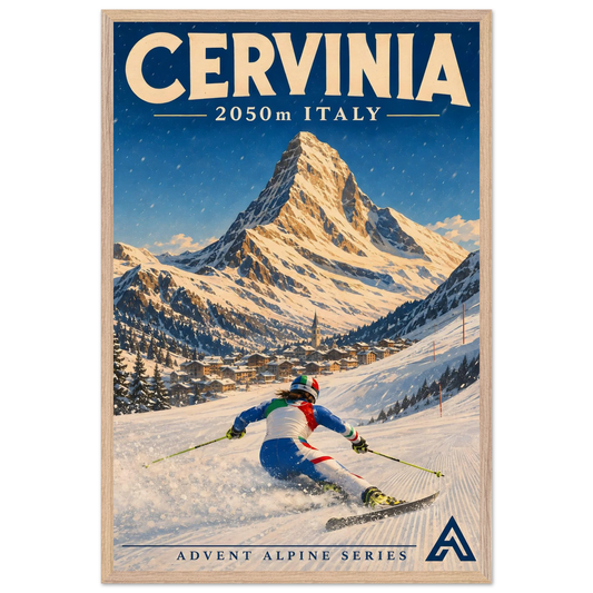 Cervinia art print in a Natural Oak frame, showing a skier beneath the Matterhorn.