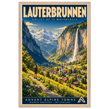 Lauterbrunnen art print in a Natural Oak frame, showing a hiker above a green Alpine valley, village and cliffside waterfall.