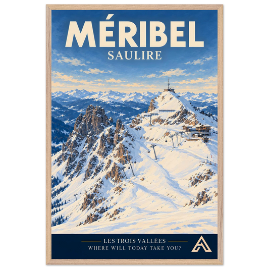 Méribel Saulire art print in a Natural Oak frame, 60x90 cm, showing snowy summit ridges, ski lifts, mountain buildings and distant Alpine peaks.
