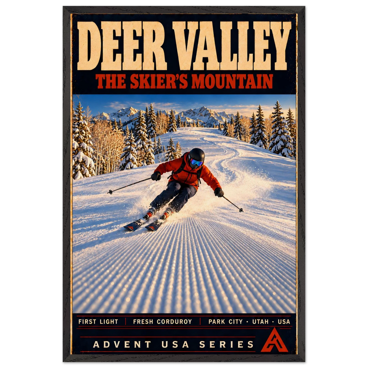 Deer Valley art print in a Black Ash frame, showing an orange-jacketed skier carving across groomed corduroy beside snow-covered evergreens.