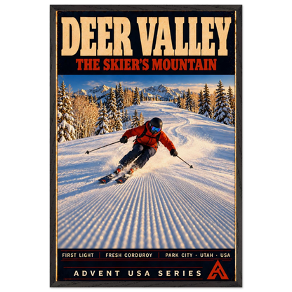 Deer Valley art print in a Black Ash frame, showing an orange-jacketed skier carving across groomed corduroy beside snow-covered evergreens.