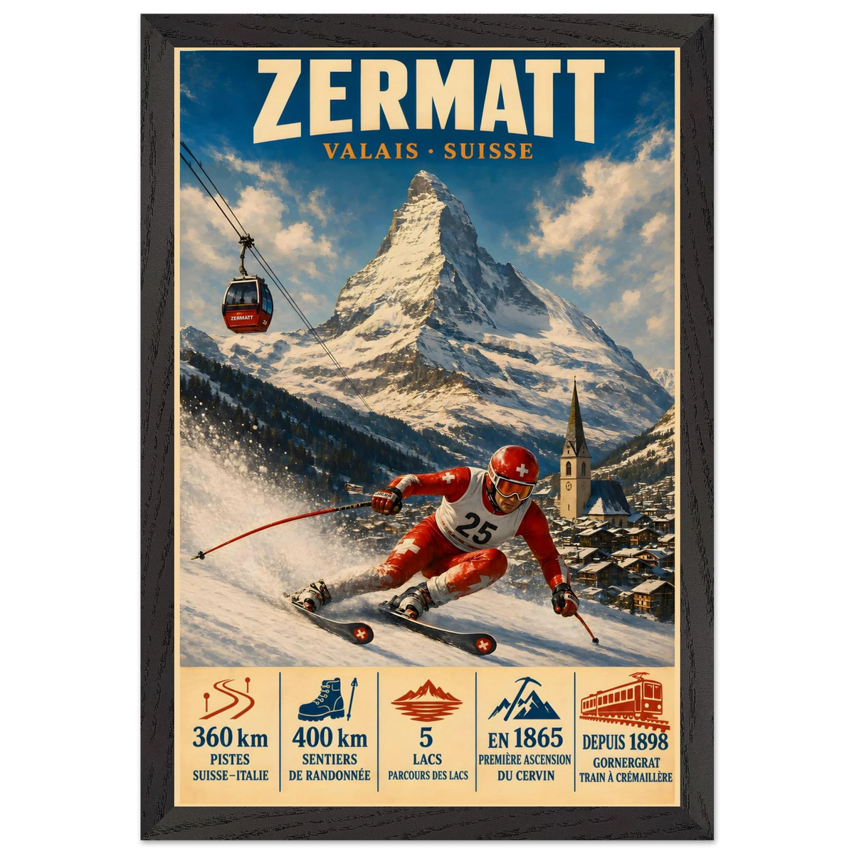 Zermatt art print in a Black Ash frame, showing a red-suited ski racer beneath the Matterhorn.