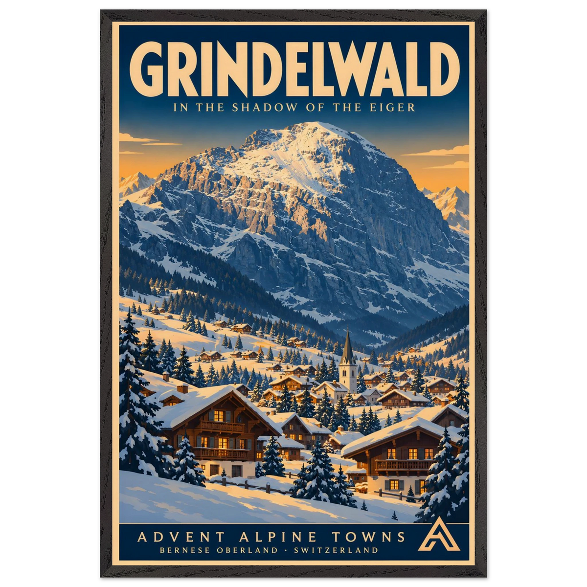 Grindelwald art print in a Black Ash frame, showing snow-covered chalets and a church beneath a dramatic Alpine mountain in warm winter light.