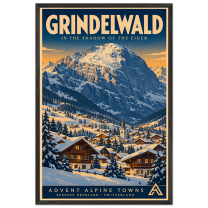 Grindelwald art print in a Black Ash frame, showing snow-covered chalets and a church beneath a dramatic Alpine mountain in warm winter light.