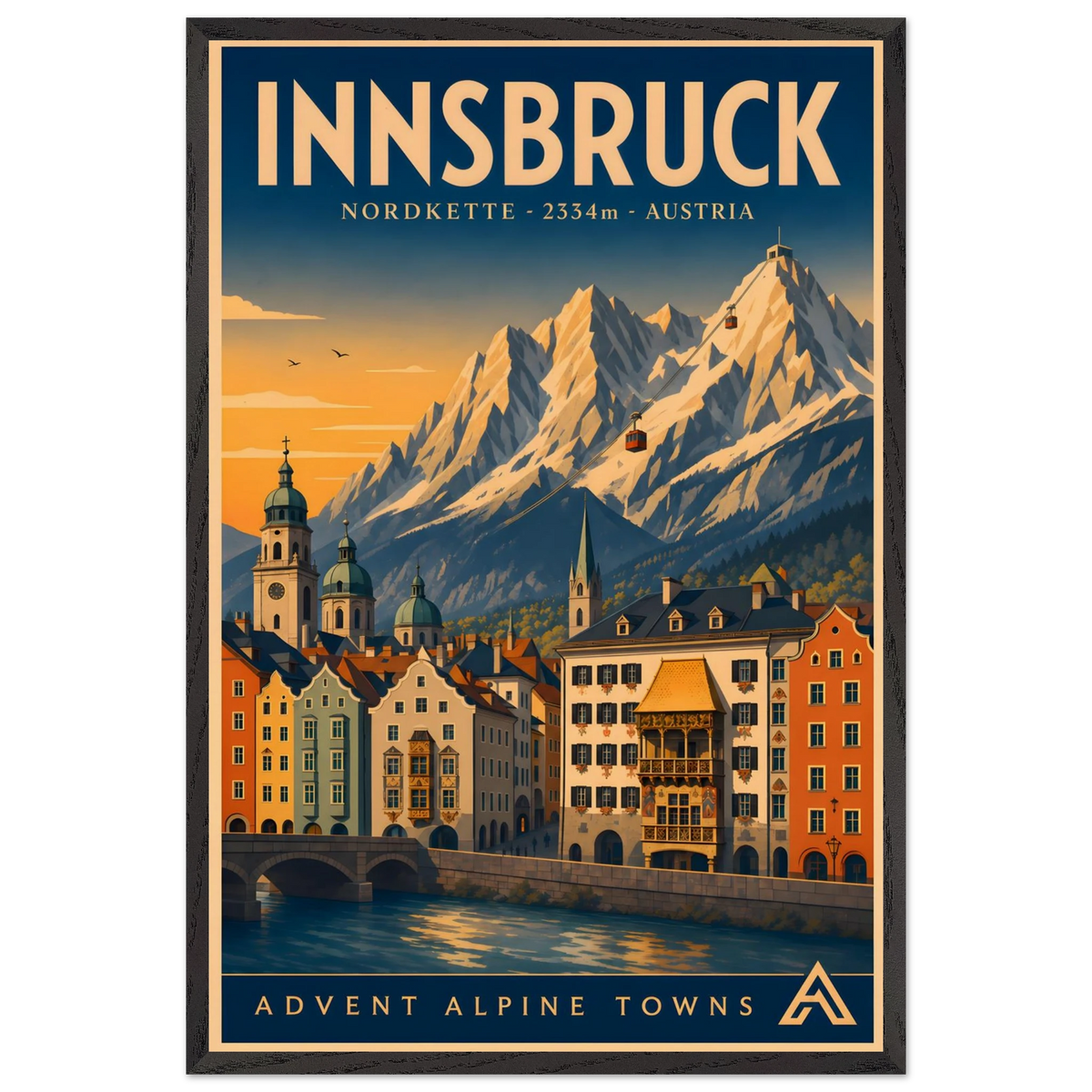 Innsbruck art print in a Black Ash frame, showing colourful buildings beside the Inn River, with the Nordkette mountains and cable cars above.