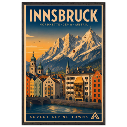 Innsbruck art print in a Black Ash frame, showing colourful buildings beside the Inn River, with the Nordkette mountains and cable cars above.
