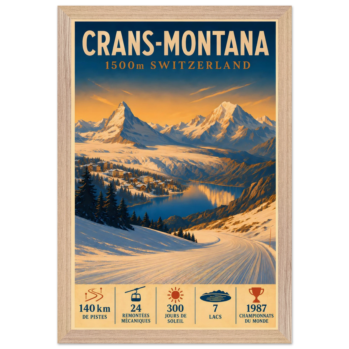 Crans-Montana art print in a Natural Oak frame, showing a snowy slope and village overlooking the Swiss Alps.