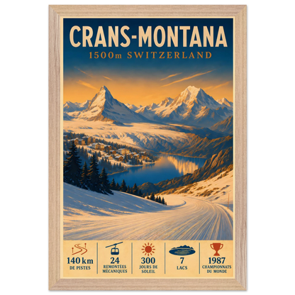 Crans-Montana art print in a Natural Oak frame, showing a snowy slope and village overlooking the Swiss Alps.