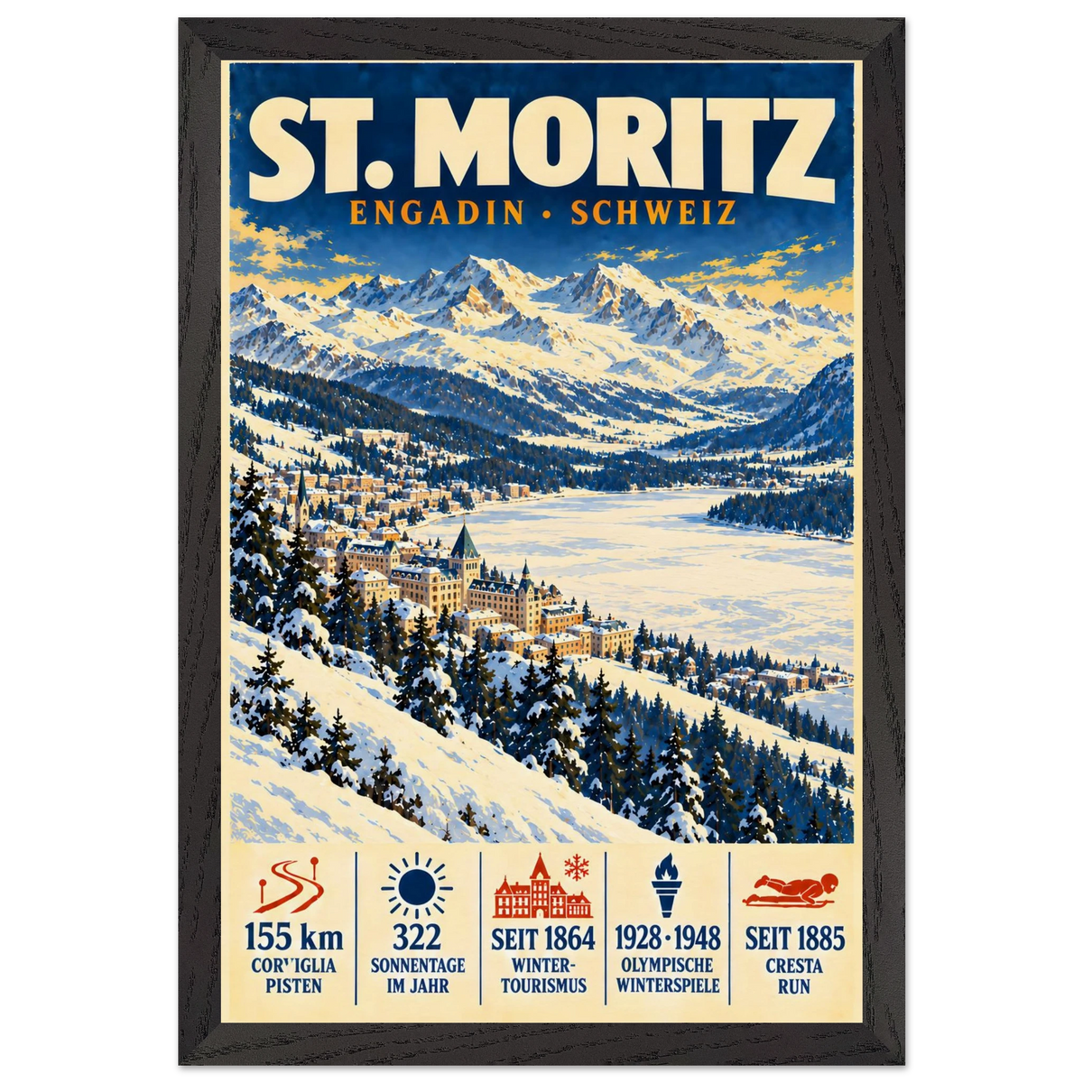St. Moritz art print in a Black Ash frame, showing a snowy Engadin village beside the lake.