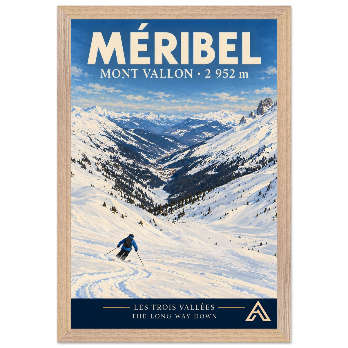 Méribel Mont Vallon art print in a Natural Oak frame, 30x45 cm, showing a blue-jacketed skier descending a snowy slope towards a long Alpine valley.
