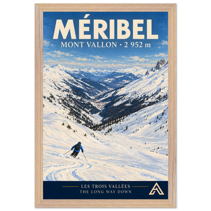 Méribel Mont Vallon art print in a Natural Oak frame, 30x45 cm, showing a blue-jacketed skier descending a snowy slope towards a long Alpine valley.