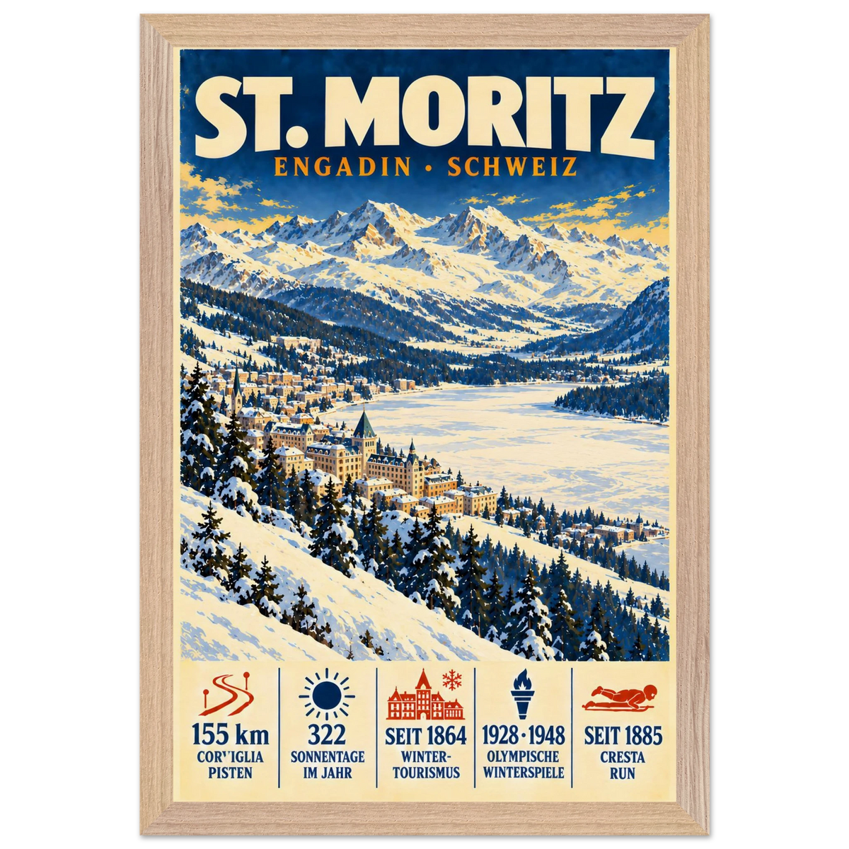St. Moritz art print in a Natural Oak frame, showing a snowy Engadin village beside the lake.
