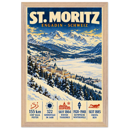 St. Moritz art print in a Natural Oak frame, showing a snowy Engadin village beside the lake.