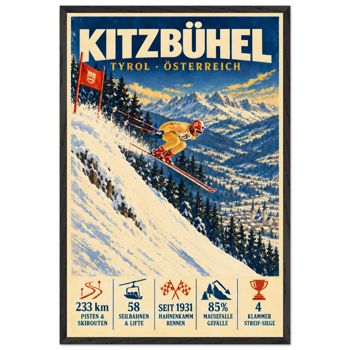 Kitzbühel art print in a Black Ash frame, showing a yellow-suited ski racer jumping down a steep slope.