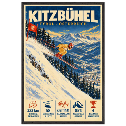 Kitzbühel art print in a Black Ash frame, showing a yellow-suited ski racer jumping down a steep slope.