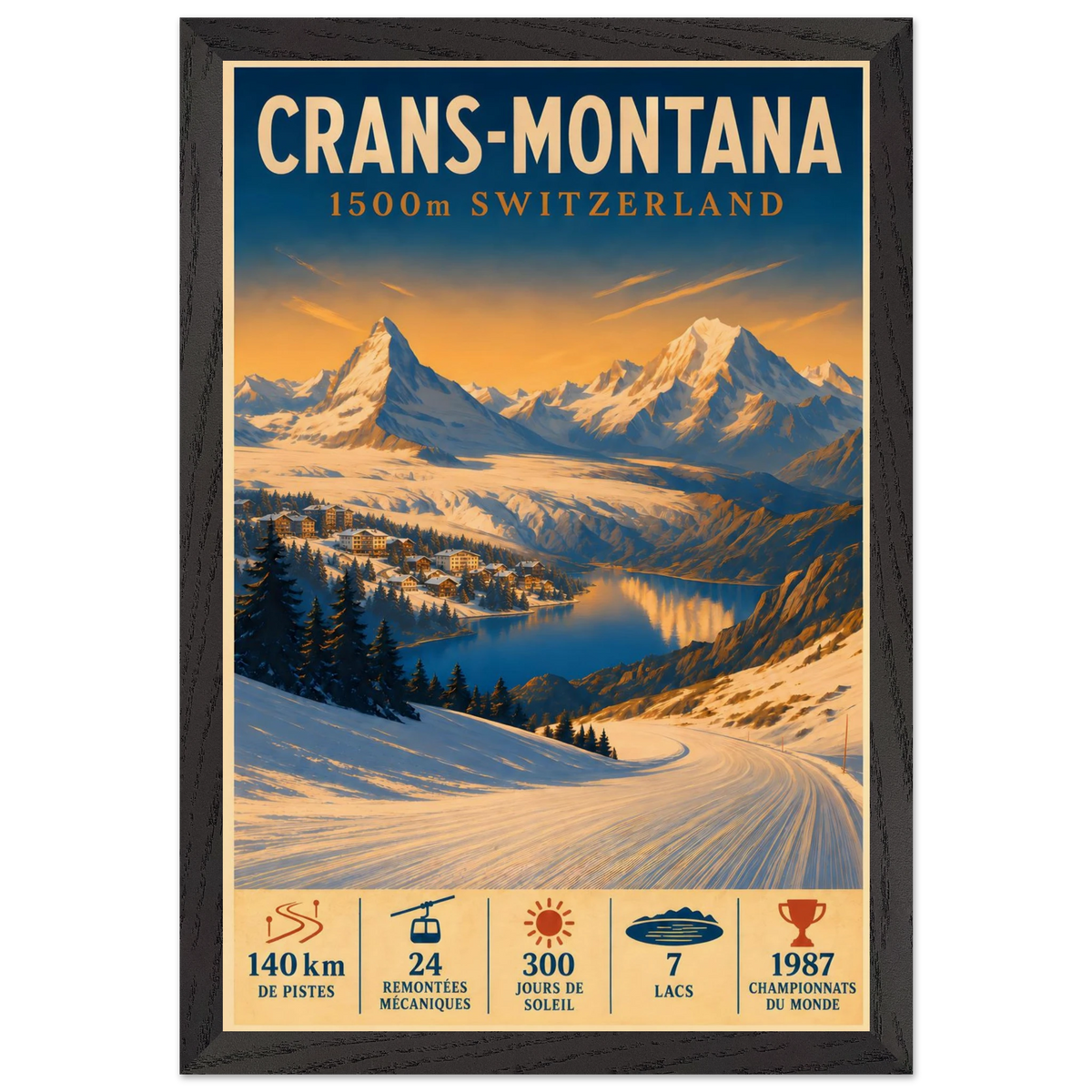 Crans-Montana art print in a Black Ash frame, showing a snowy slope and village overlooking the Swiss Alps.