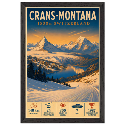 Crans-Montana art print in a Black Ash frame, showing a snowy slope and village overlooking the Swiss Alps.