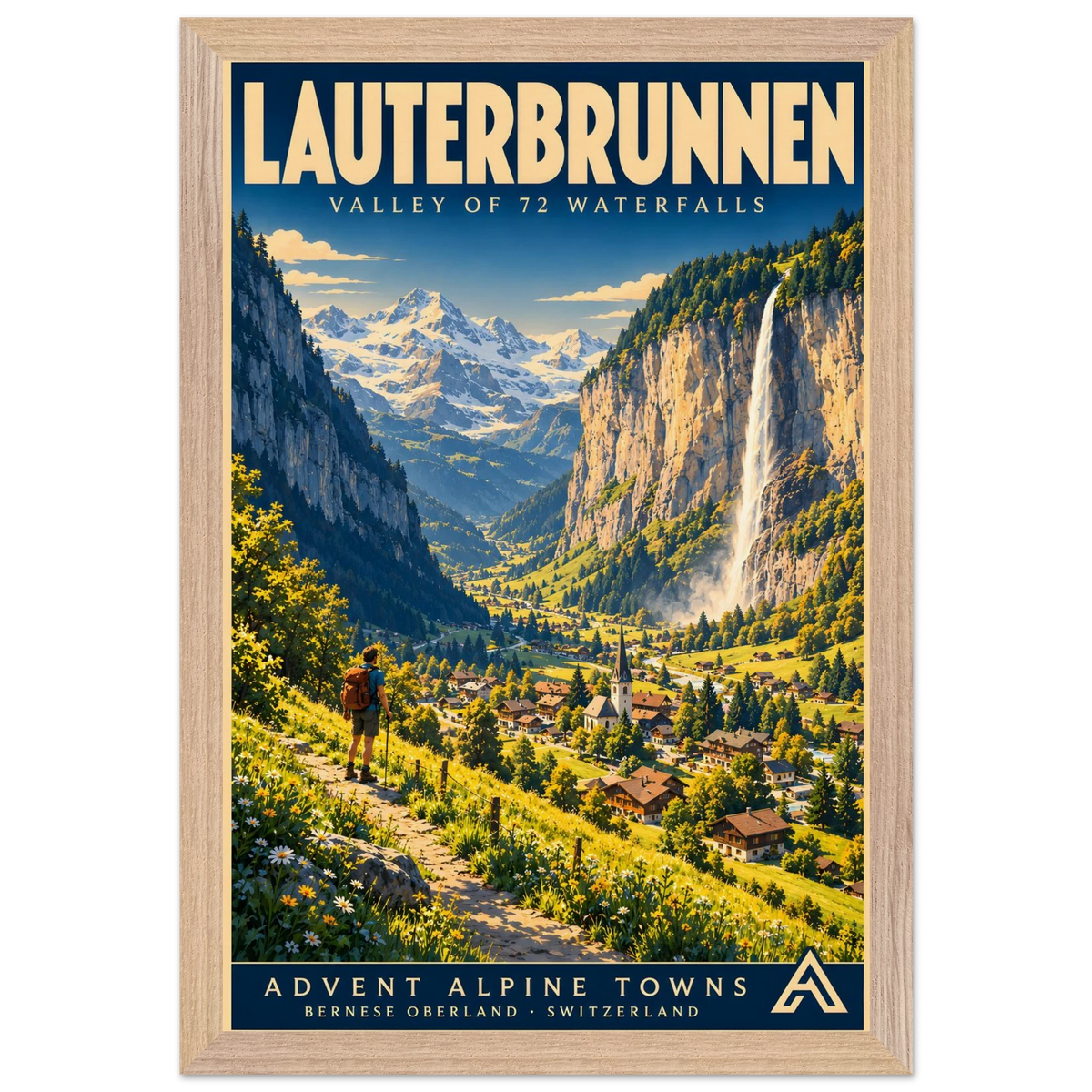 Lauterbrunnen art print in a Natural Oak frame, showing a hiker above a green Alpine valley, village and cliffside waterfall.