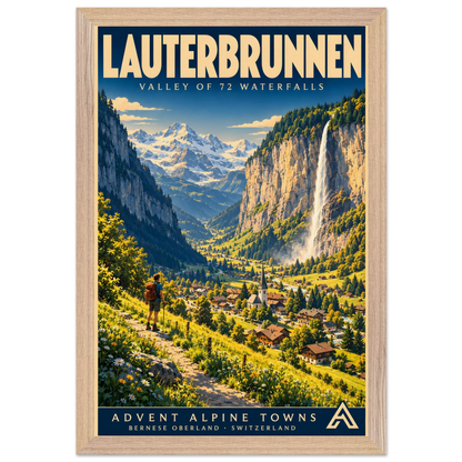 Lauterbrunnen art print in a Natural Oak frame, showing a hiker above a green Alpine valley, village and cliffside waterfall.