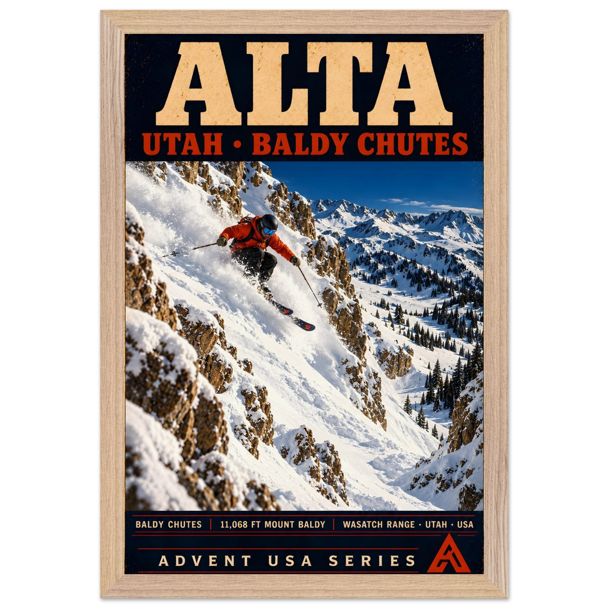 Alta art print in a Natural Oak frame, showing an orange-jacketed skier descending deep powder between rocky walls above a snowy mountain valley.