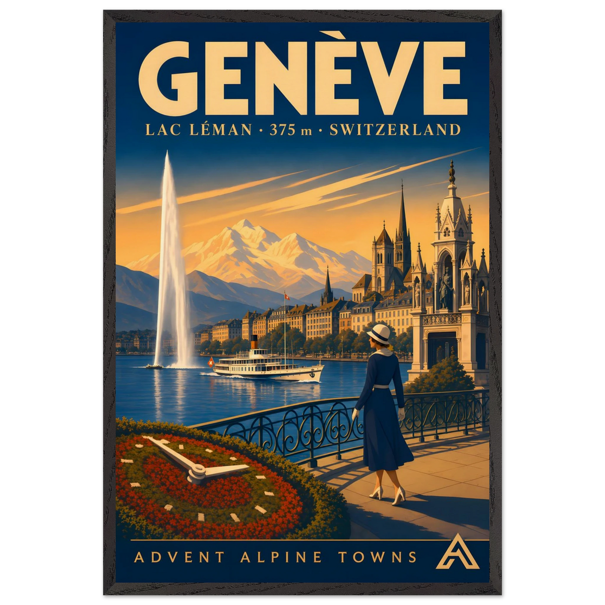 Genève art print in a Black Ash frame, showing the Jet d’Eau, a lake steamer and a woman on the promenade beside Lac Léman.