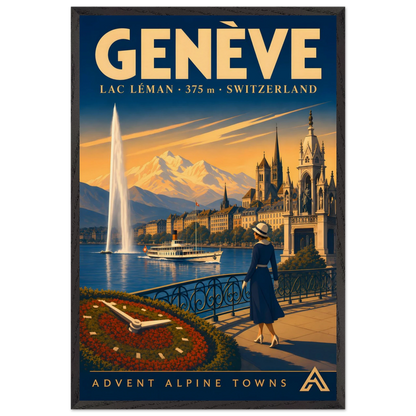 Genève art print in a Black Ash frame, showing the Jet d’Eau, a lake steamer and a woman on the promenade beside Lac Léman.