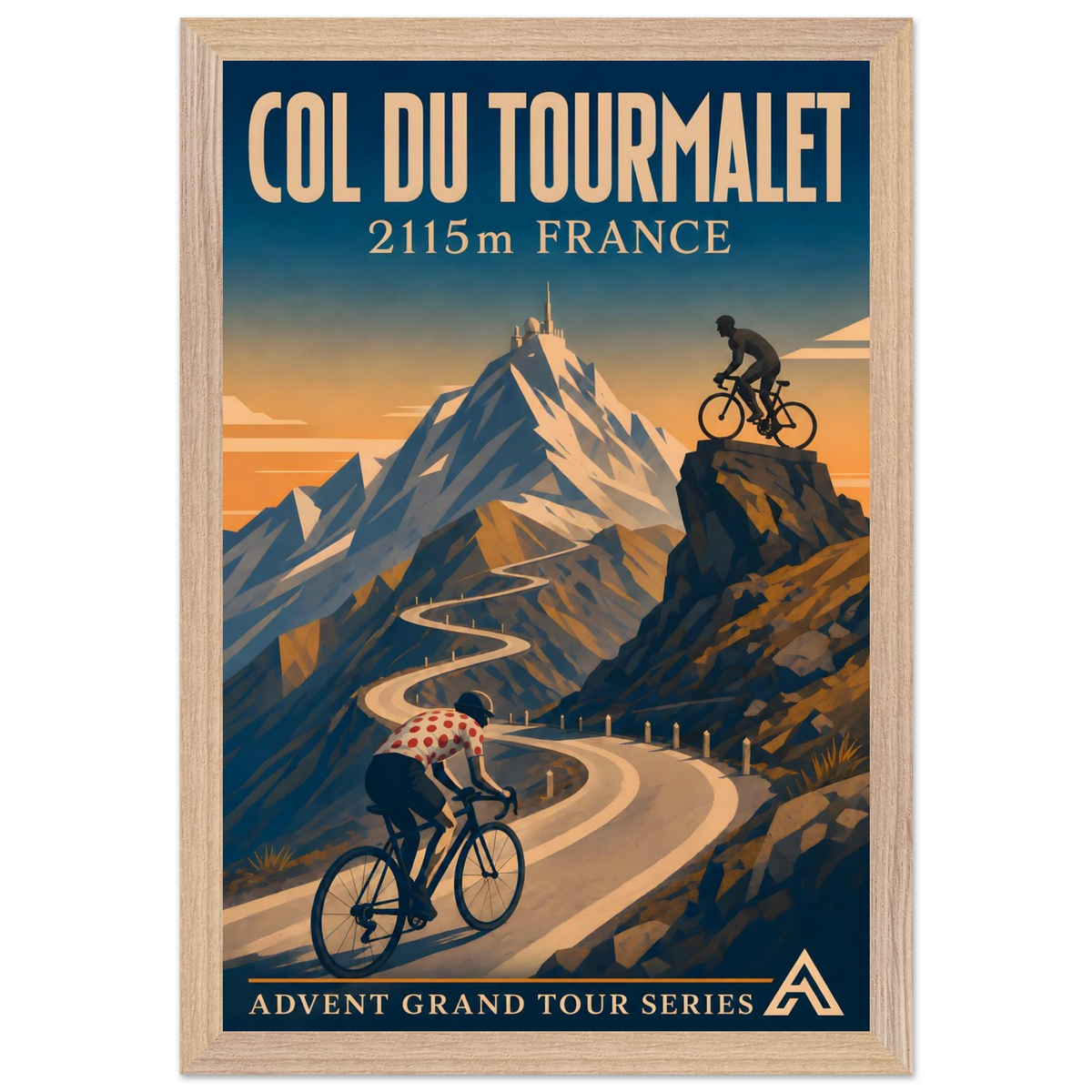 Col du Tourmalet art print in a Natural Oak frame, showing a cyclist in a white jersey with red polka dots on a winding mountain road.