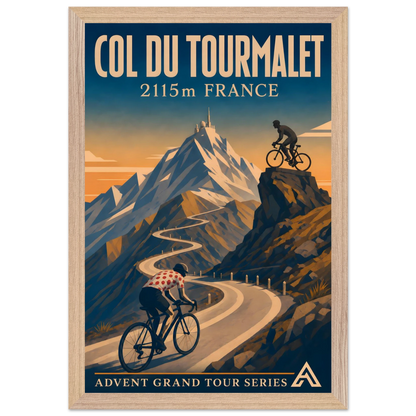 Col du Tourmalet art print in a Natural Oak frame, showing a cyclist in a white jersey with red polka dots on a winding mountain road.
