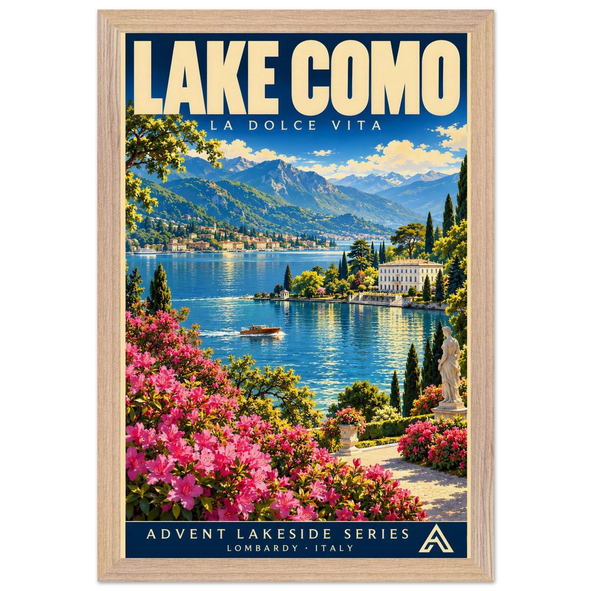 Lake Como art print in a Natural Oak frame, showing a flower-lined terrace overlooking a blue lake, a boat, lakeside villas and distant mountains.