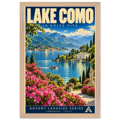 Lake Como art print in a Natural Oak frame, showing a flower-lined terrace overlooking a blue lake, a boat, lakeside villas and distant mountains.
