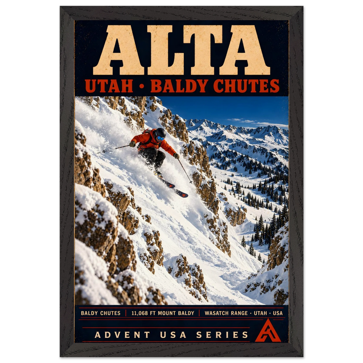 Alta art print in a Black Ash frame, showing an orange-jacketed skier descending deep powder between rocky walls above a snowy mountain valley.