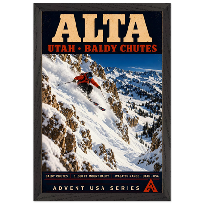 Alta art print in a Black Ash frame, showing an orange-jacketed skier descending deep powder between rocky walls above a snowy mountain valley.