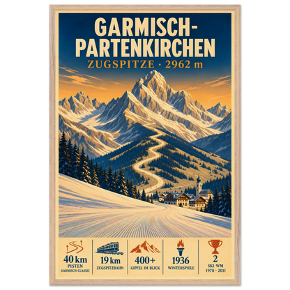 Garmisch art print in a Natural Oak frame, showing snowy slopes and a village beneath the Zugspitze.