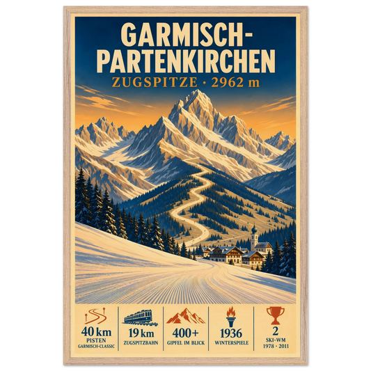 Garmisch art print in a Natural Oak frame, showing snowy slopes and a village beneath the Zugspitze.