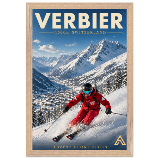 Verbier art print in a Natural Oak frame, showing a red-suited skier carving beneath snowy peaks.