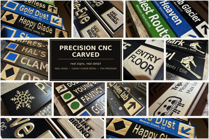Collage of various wood ski trail signs with different text and designs.
