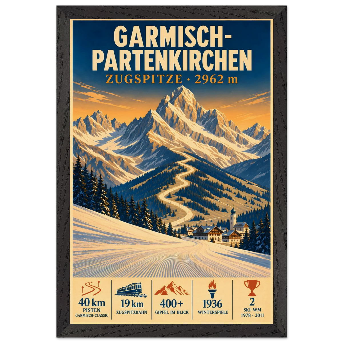 Garmisch art print in a Black Ash frame, showing snowy slopes and a village beneath the Zugspitze.