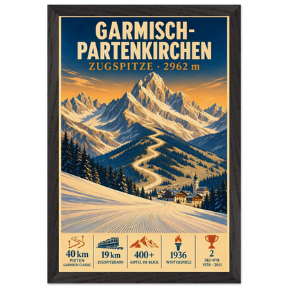 Garmisch art print in a Black Ash frame, showing snowy slopes and a village beneath the Zugspitze.