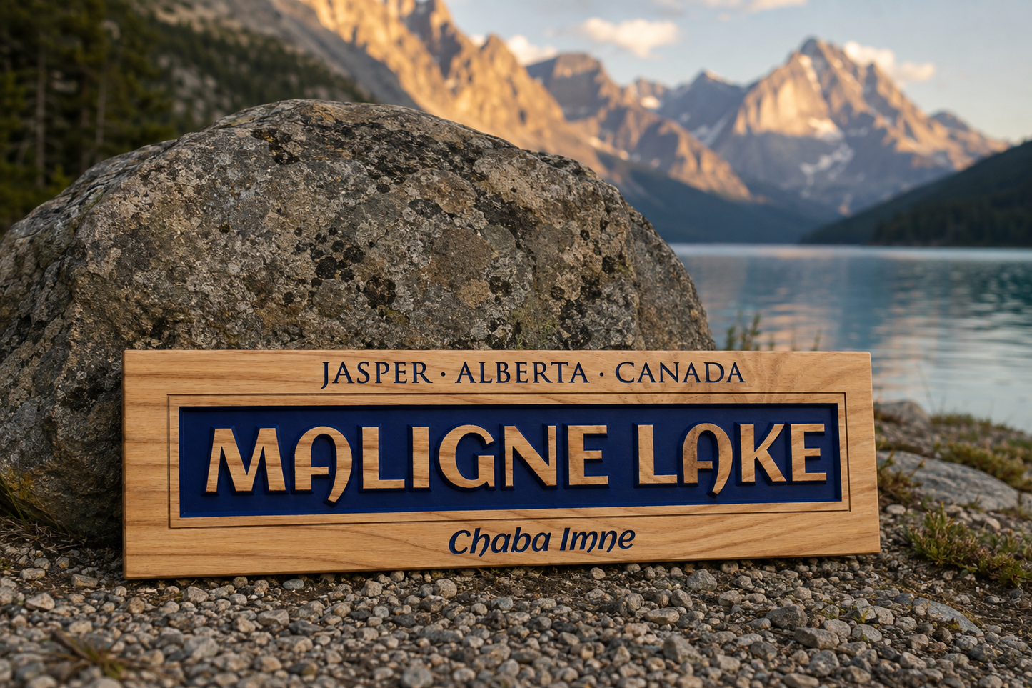 Maligne Lake Wood Sign | Relief Carved Pine Plank | Chaba Imne | Ready to Hang