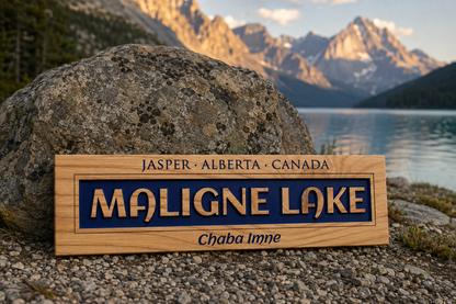 Maligne Lake Wood Sign | Relief Carved Pine Plank | Chaba Imne | Ready to Hang